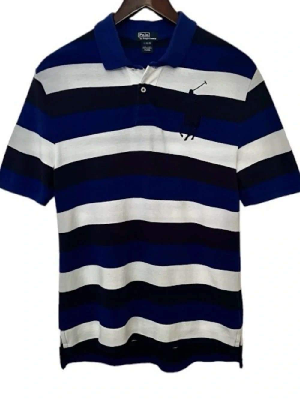 Ralph Lauren Navy and White Stripe Big Pony Short Sleeve Polo Shirt Size Large